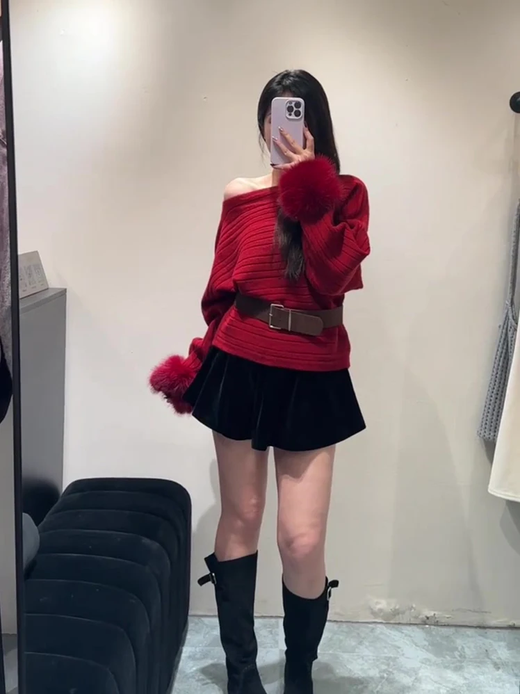 

Французский свободный крой, вязаный свитер с колючками, женский осенне-зимний модный утягивающий свитер «летучая мышь», топ