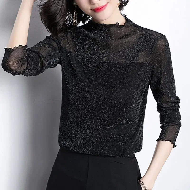 

Spring Autumn Fashion Elegant Bright Silk Sexy Mesh Slim Party Club Basic T Shirt Women Korean Office Lady Black Long Sleeve Top