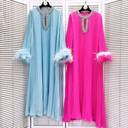 Luxury Long Dresses Women 2025 Spring Summer Hollow Out Pleated Chiffon Dress Ostrich Fur Full Sleeve Evening Party Vestidos