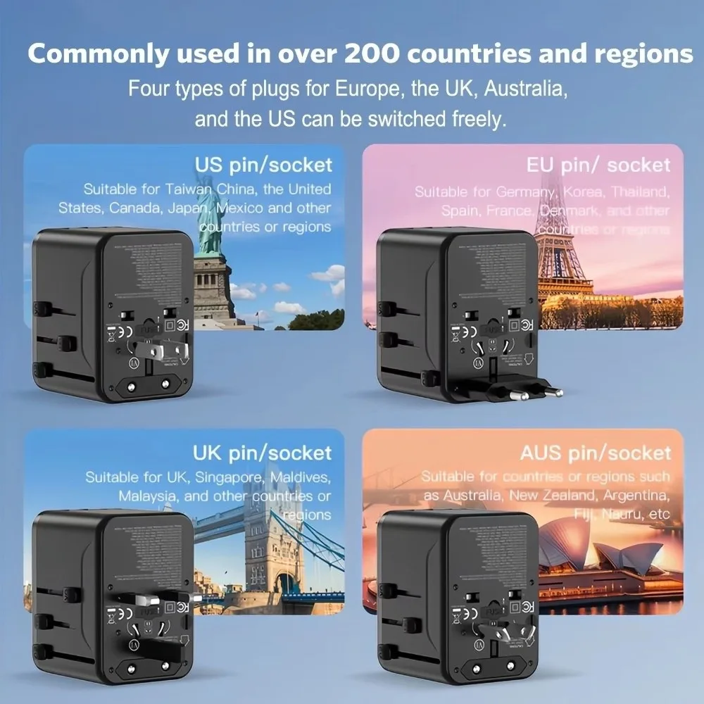 GaN Universal Travel Adapter Compact Self-Resetting Fuse Multi-Port Charging Station 2500W Outlet High Speed