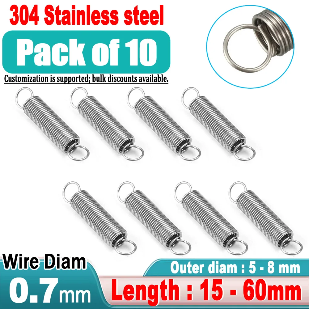 10PCS 0.7mm  Stainless Steel Tension Spring With O Closed Hook Extension Spring Outer Diameter 5mm to 8mm Length 15mm to 60mm