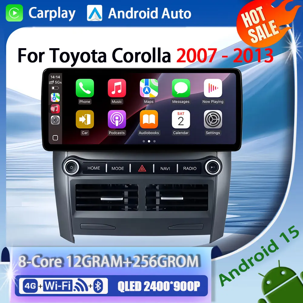 12.3 Inch For Toyota Corolla 2007 - 2013 Android 15 8-Core 12G+256G Car Multimedia Player Stereo Receiver Radio GPS 4G WIFI QLED