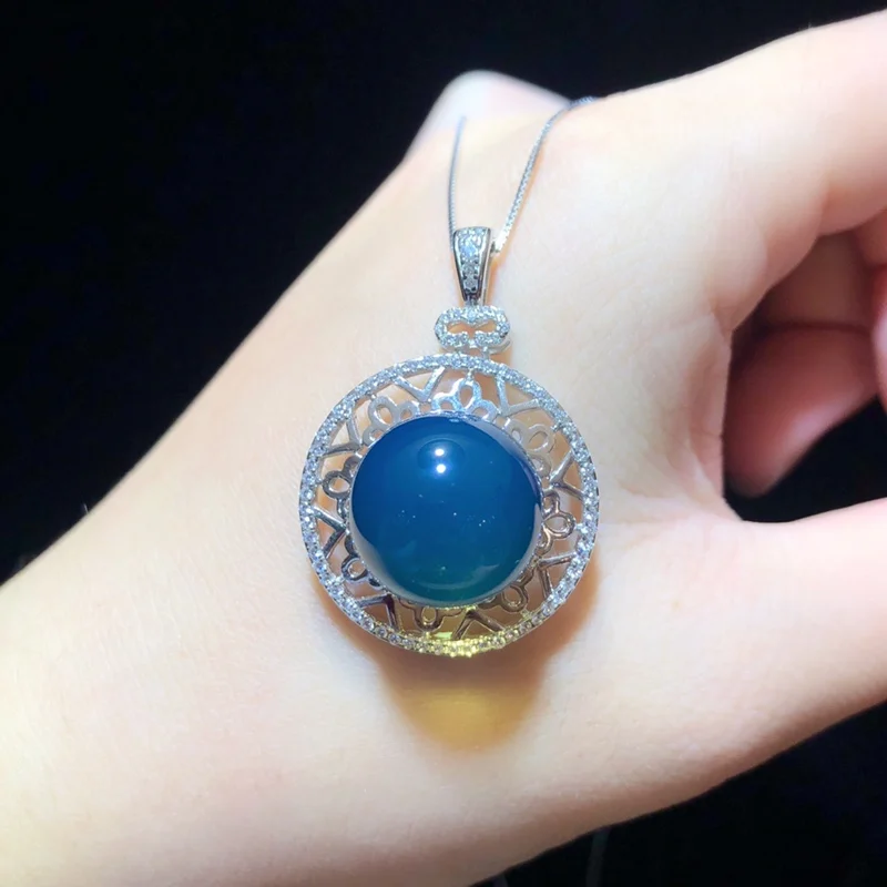 Natural Mexican Blue Amber Pendant 14mm Solid Silver Vintage Filigree Openwork Floral Design Handmade Jewelry Gift for Women