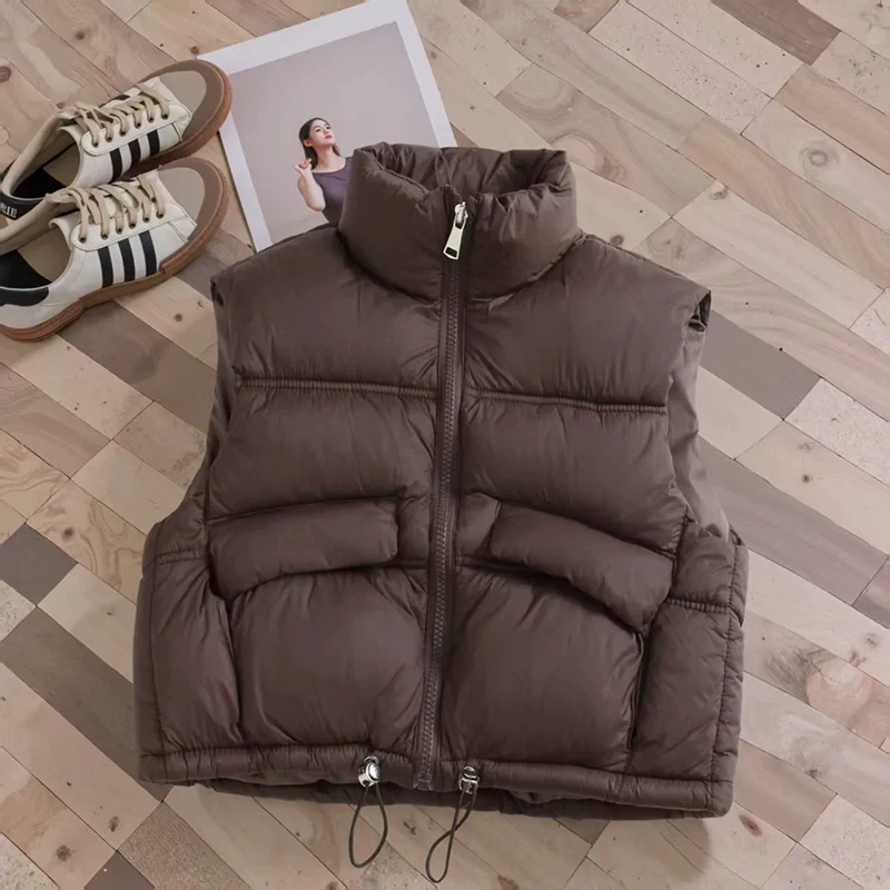 Boys Girls Kids Winter Cropped Padded Vest Stand Collar Zipper Sleeveless Waistcoat Drawstring Hem Warm Outerwear With Pockets