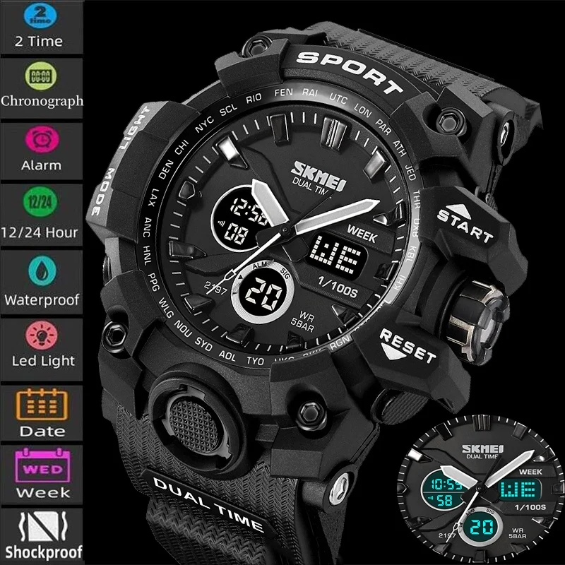 

Skmei Digital Analog Display Quartz Sports Watches Fashion TPU Strap Big Size Dial LED Waterproof Dual Time Alarm Clock