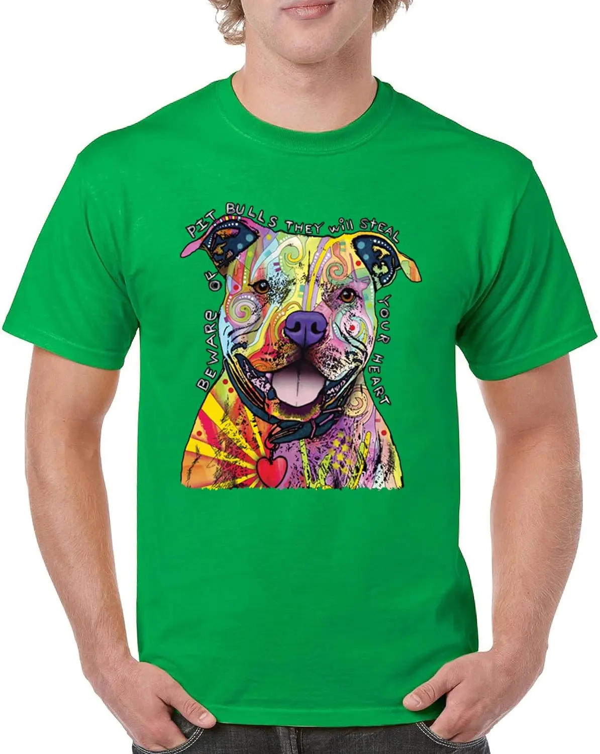 Beware of Pit Bull T-Shirt Dean Russo Art Colorful Cute Dog Men's Tee