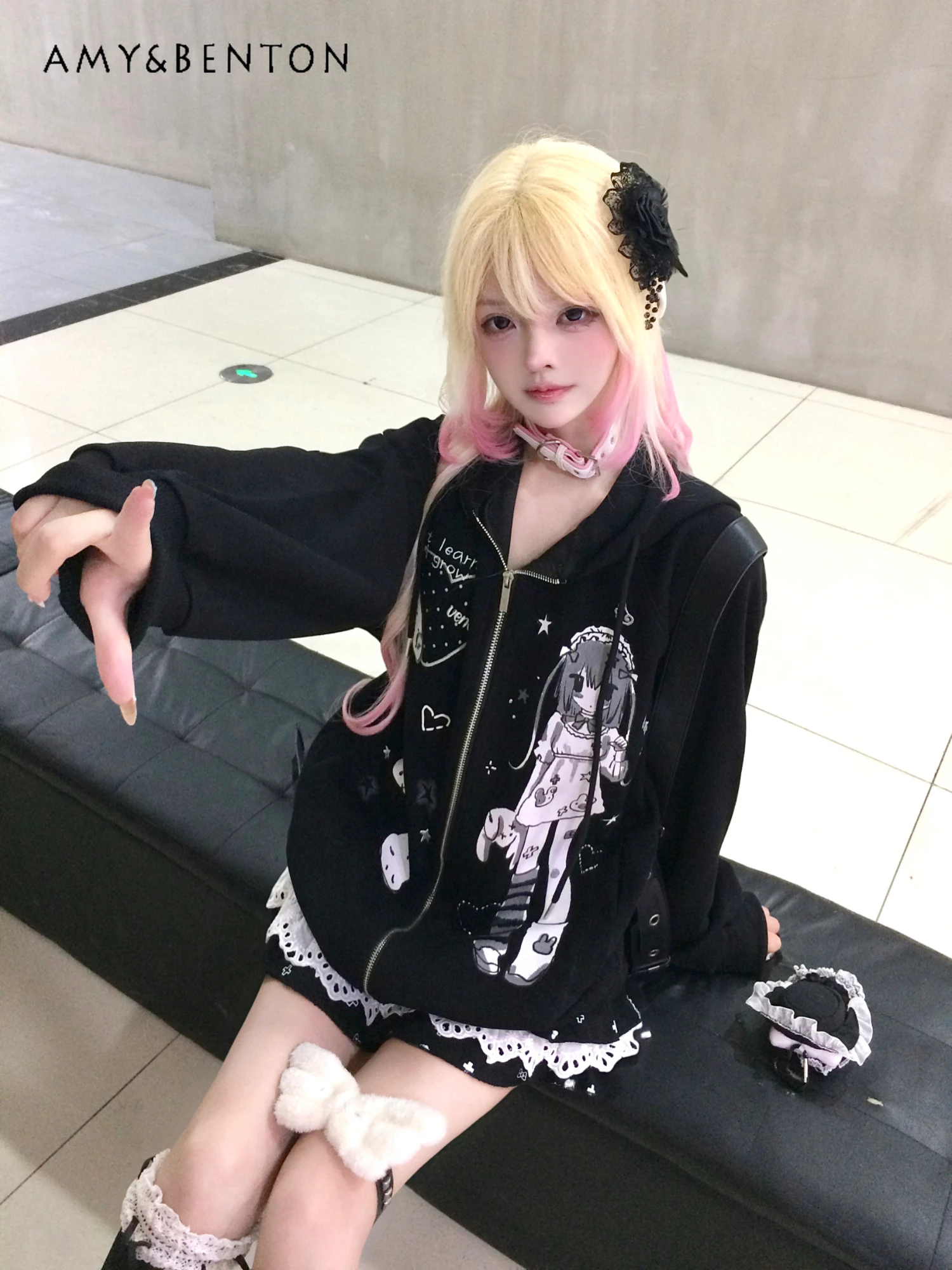 اليابانية لطيف أنيمي الكرتون طباعة مقنعين المرقعة اللون الستر للنساء كلية نمط الحلو بارد تنوعا معطف غير رسمي فضفاض #4