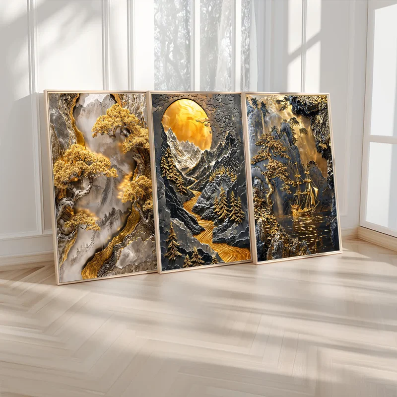 1pc frameless Canvas Painting Golden Tree and Moon Abstract Painting Canvas Print, Luxury Wall Art, Minimalist Poster, Asian Sty