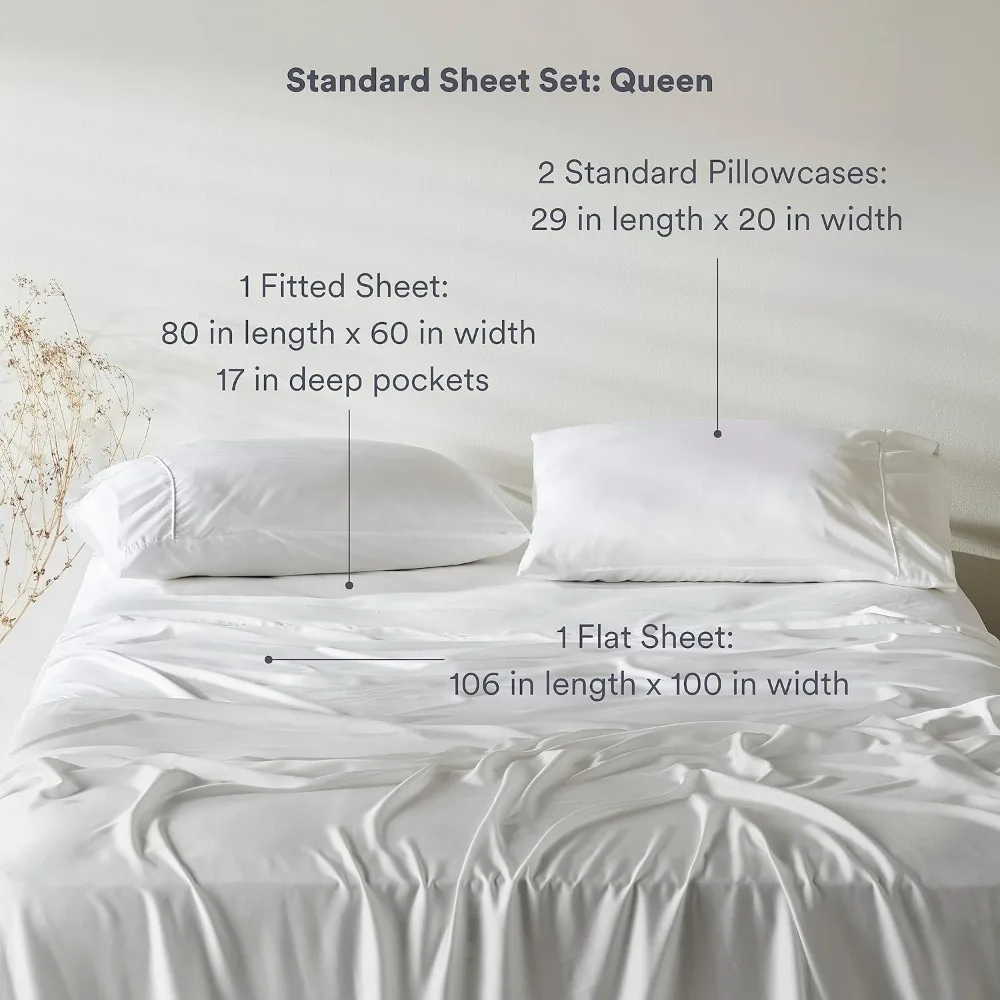 100% Lyocell from Organic Bamboo Standard Sheet Set, Cloud (White), Queen, Breathable Sheets, Bedding, Sateen,Plant-Based Fabric