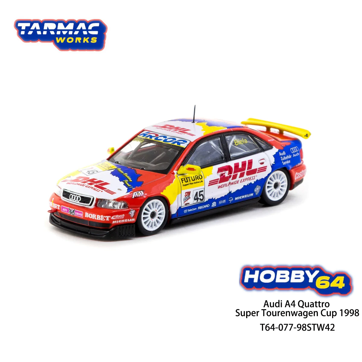 In Stock Tarmac Works Hobby64 1:64 Audi A4 Quattro 1998 STW DHL #45 Touring Race Car T64-077-98STW45 Diecast Model Car