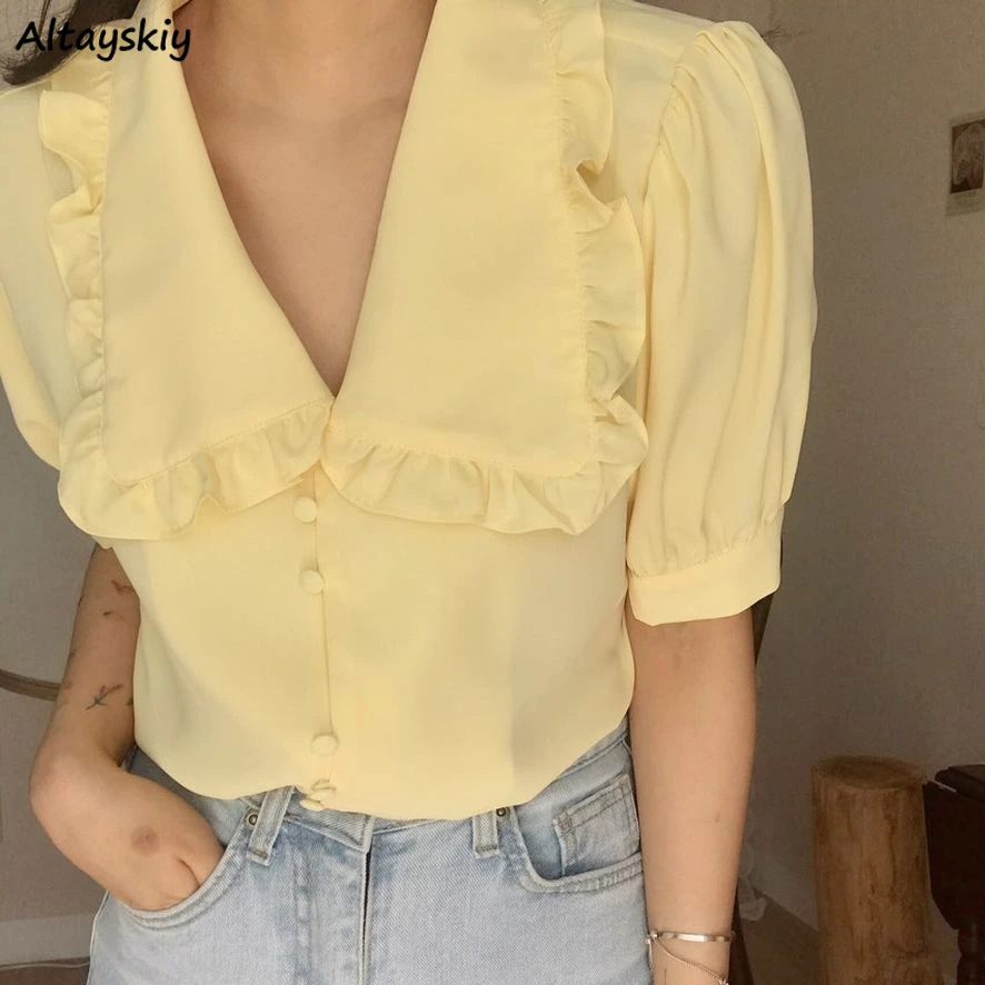Bluzki damskie Solidne falbany Słodki krótki rękaw Kołnierzyk Piotruś Pan Delikatny Elegancki Nastolatki Cały mecz Retro Ulzzang Piękny XS-3XL Codzienny