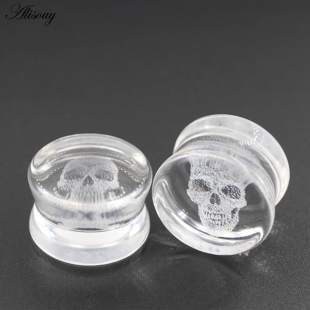 2Pieces New Transparent Skull Flared Glass Ear Tunnels Plugs Flesh Stretcher Expander Gauges Earrings Piercing Body Jewelry
