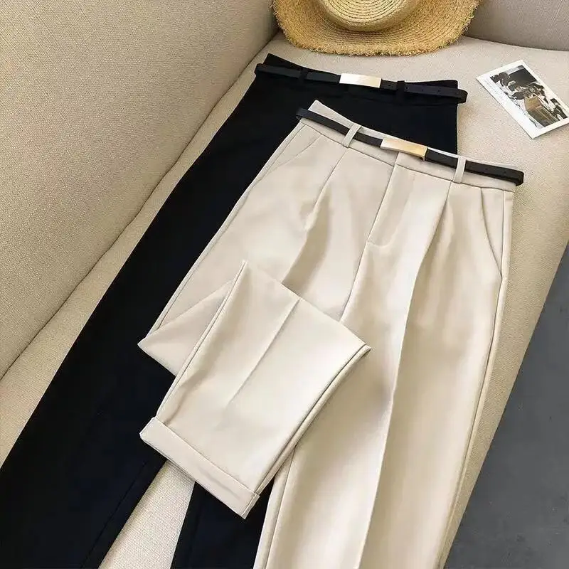 Elegant Summer Casual Pants Women Fashion Solid Color Sashes  Slim Straight Trousers Chic Business Mujer Retro Belt Korean Style