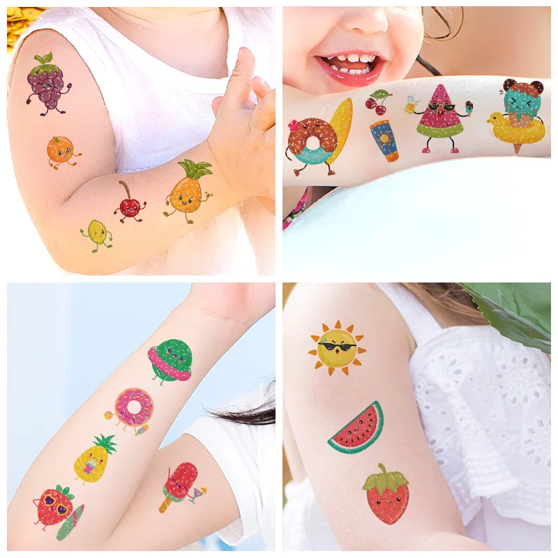 Waterproof Summer Tattoo Stickers, Vegetables and Fruits Tattoo Stickers, Glitter, 10Sheets