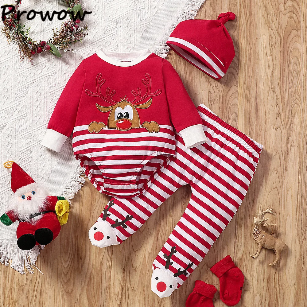 Prowow Baby Christmas Outfits Cartoon Deer Bodysuit and Stripes Footies Pants+Xmas Hat My First Christmas Baby Costume Boys Girl