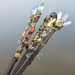 Tumbled Crystal Points Wood Stick Witch Scepter Amethyst Rose Quartz Fairy Stick Ritual Props Altar Decoration Moon Sun Star