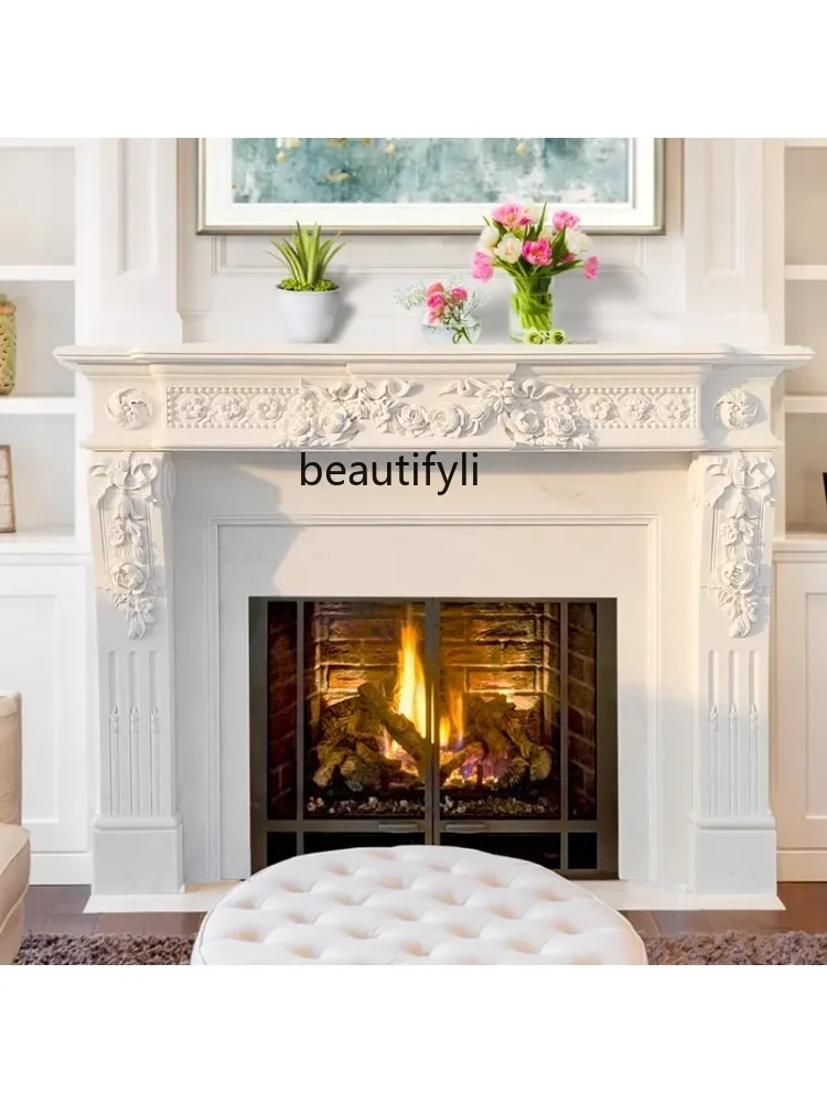 Stone Carving Fireplace Marble French Fireplace Mantel White Marble Material Living Room Curio Cabinet Floor European Custom