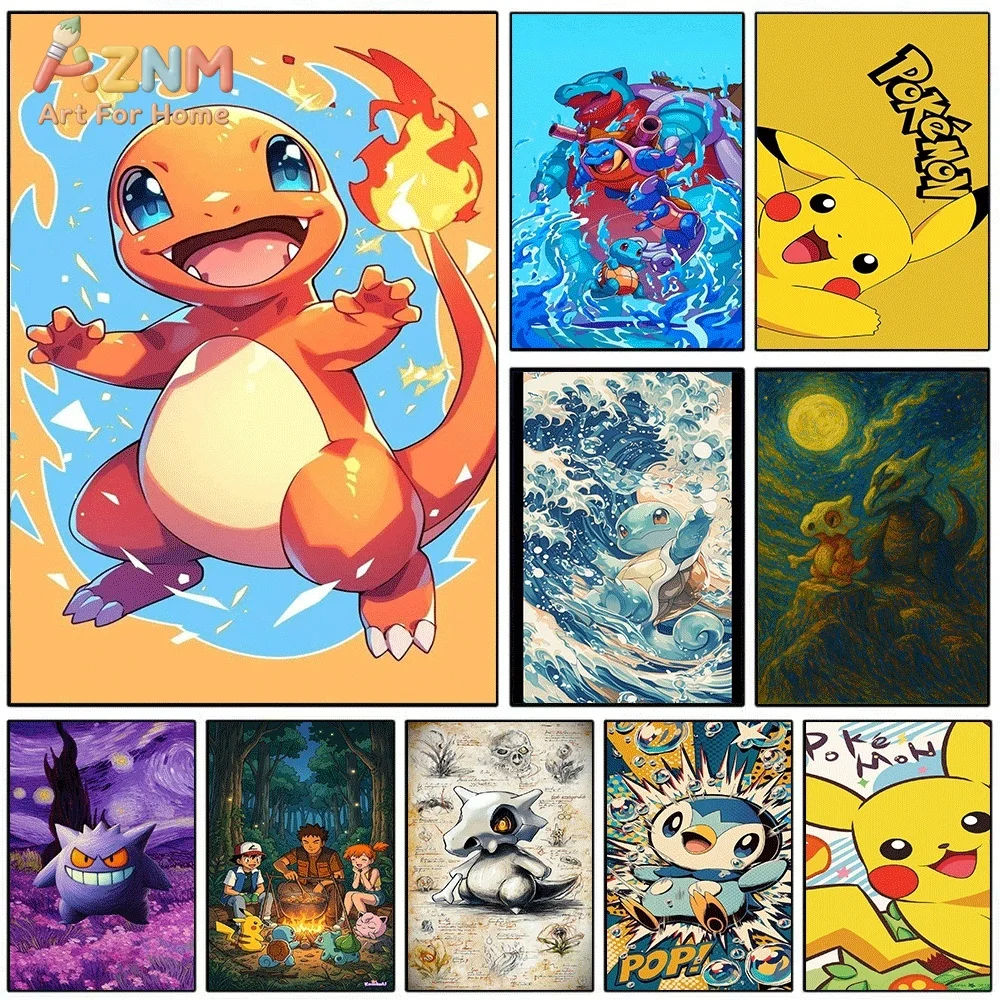 AZNM Charmander Cute Anime Creature Cheerful Fire‑Type Character Canvas Wall Print, Pokemon Cartoon Art Poster, Unframed Canva