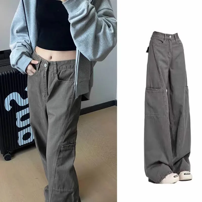 

Женские джинсы Y2K в стиле американского ретро, серые, для работы, весна-осень, свободные, прямые, с эффектом похудения, широкие штанины, модные