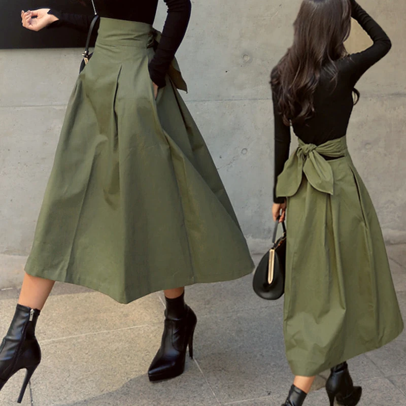 

Korean Japanese Sle A-Line Skirt Women's High Waist Belted Midi Skirt Spring Autumn Season Knot Full Flounce Skirt