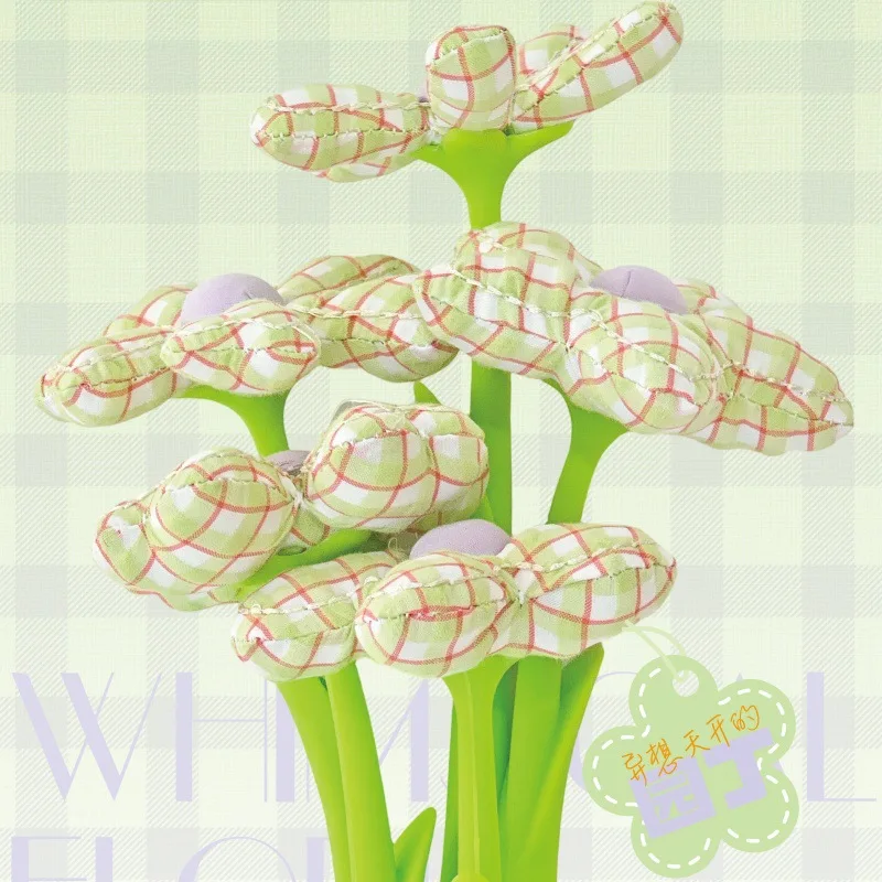 10PCS Green Grid Fabric Flower Neutral Pen Fresh Green Grid Filling Pen Desktop Ornament Writing Stationery Bouquet Decorative P