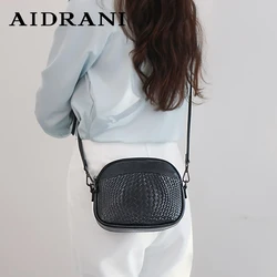 Aidrani  New women's single shoulder crossbody bag, made of cowhide material, with black circular bag printed with woven texture