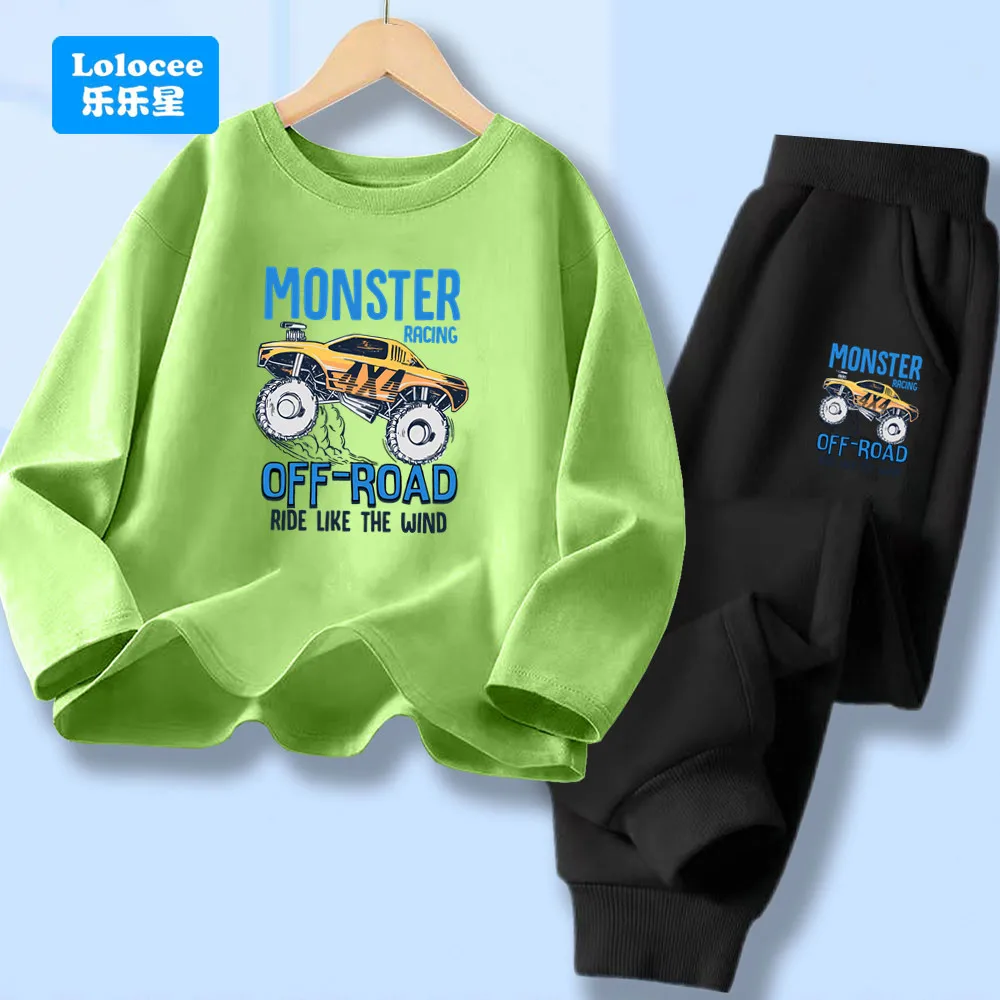 Kids 2pc Child Clothes Set Boys' Cartoon Off-road Truck Print Long Sleeve Top Pants Outfits Spring Fall 3-14Y Sweatsuits CZ1