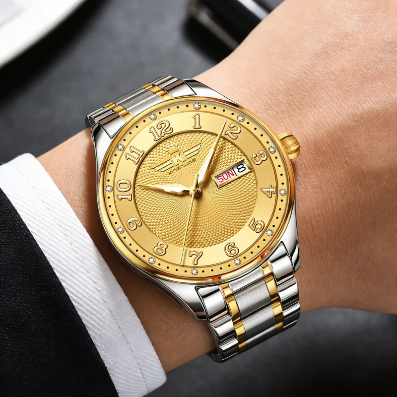 Men's Quartz Watches Fashion Dual Calendar Steel Band Watch Diamond Decorated Male Business Waterproof Wristwatch Boy Gifts