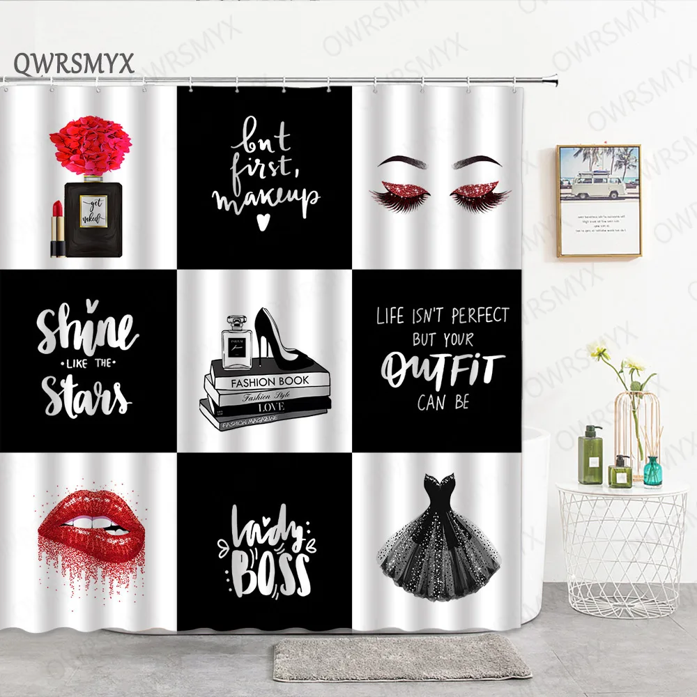 

Girl Fashion Perfume Shower Curtains Bottle Printed Sexy Red Lips Creative Cosmetics High-Heeled Pattern Cosmetic Bathroom Decor