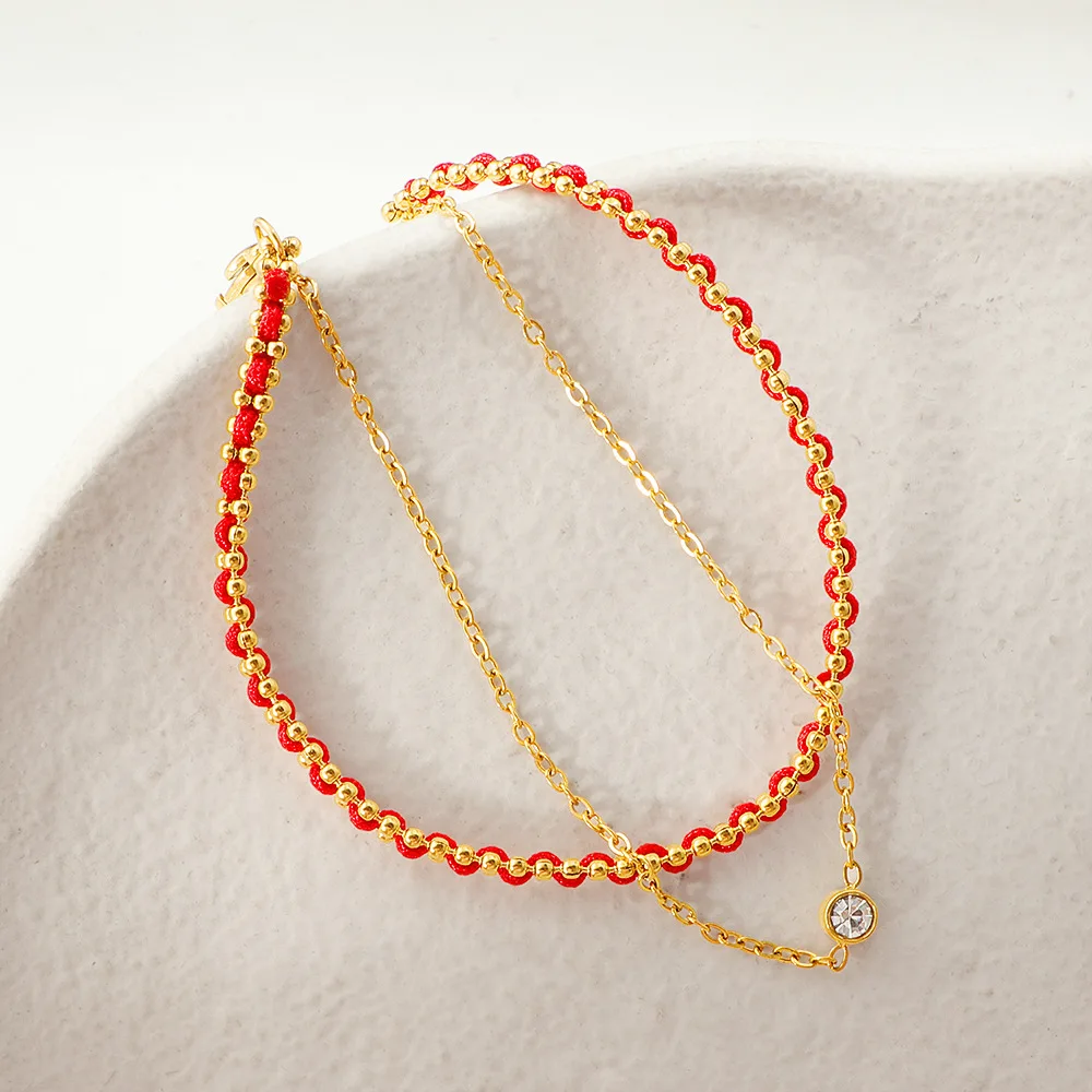 

Wholesale Double-layers Red Line Lucky Bracelets For Men Women Stainless Steel Shining Diamond Chain Stackable Cuff Bangle Jewel