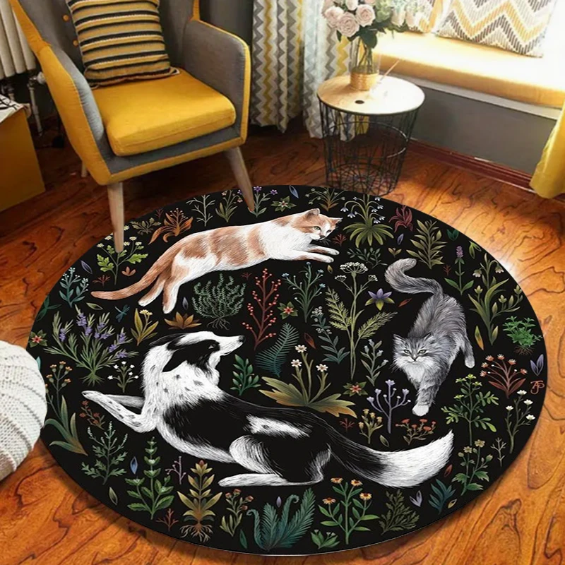 Round Black Cat Floral Pattern Carpet Mat Rug Vintage Home Decoration Living Room Bedroom Floor Decor Indoor Soft Non-Slip Area