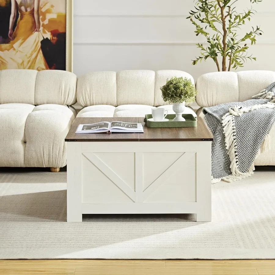 リビングルーム用ファームハウス風コーヒーテーブル、アンティークホワイト仕上げの木製スクエアデザイン、居心地の良いリビングスペースに最適、奥行き31.5インチ x 幅3インチ