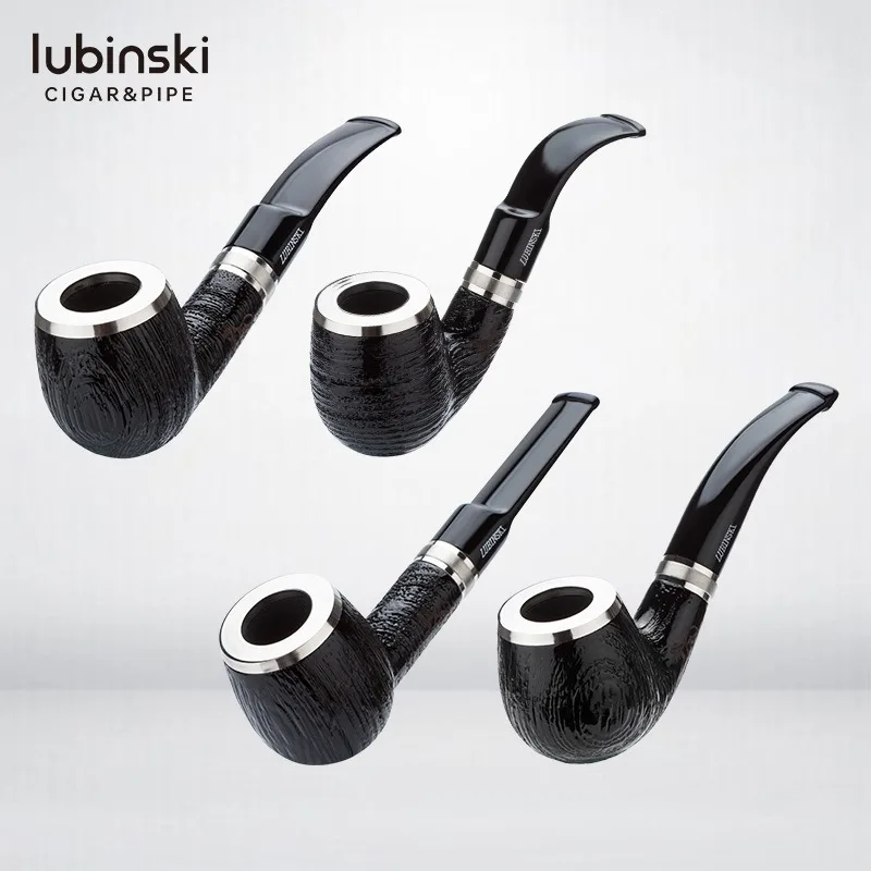 

Black Ebony Wood 9mm Flue Tobacco Pipe Men Bent Type Handmade Double Silver Ring Sandblasting Smoking Pipe Gift Pipe Accessory