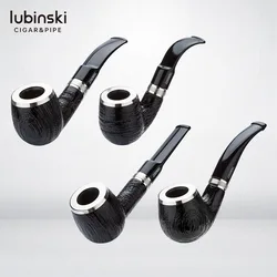 Black Ebony Wood 9mm Flue Tobacco Pipe Men Bent Type Handmade Double Silver Ring Sandblasting Smoking Pipe Gift Pipe Accessory