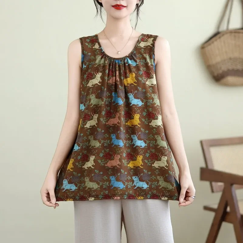 Nuevo chaleco sin mangas con cuello redondo a la moda, camisetas holgadas informales con estampado Retro para mujer, camisetas sin mangas con parte inferior