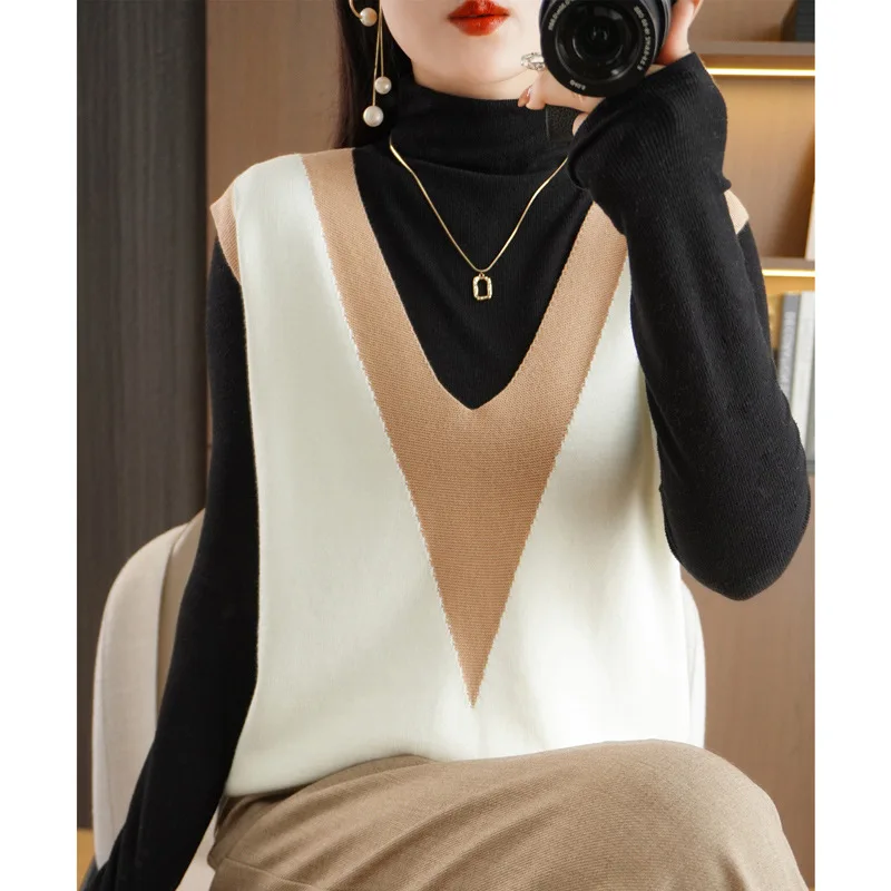 Moda Otoño Invierno suéter nuevo suelto cuello pico Color bloqueado sin mangas pulóver elegante temperamento camisa de punto suelta chaleco