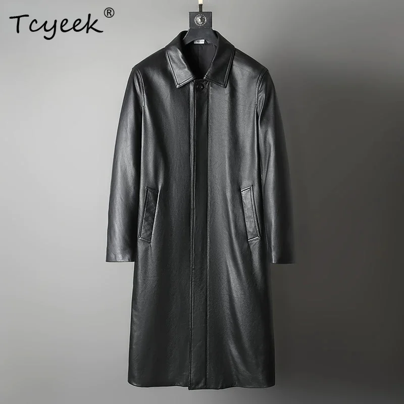 Tcyeek Real Leather Jacket Men Natural Small Cowhide Jacket Man Long Trench Coat Men Spring Autumn Clothes Trendy Over 110cm