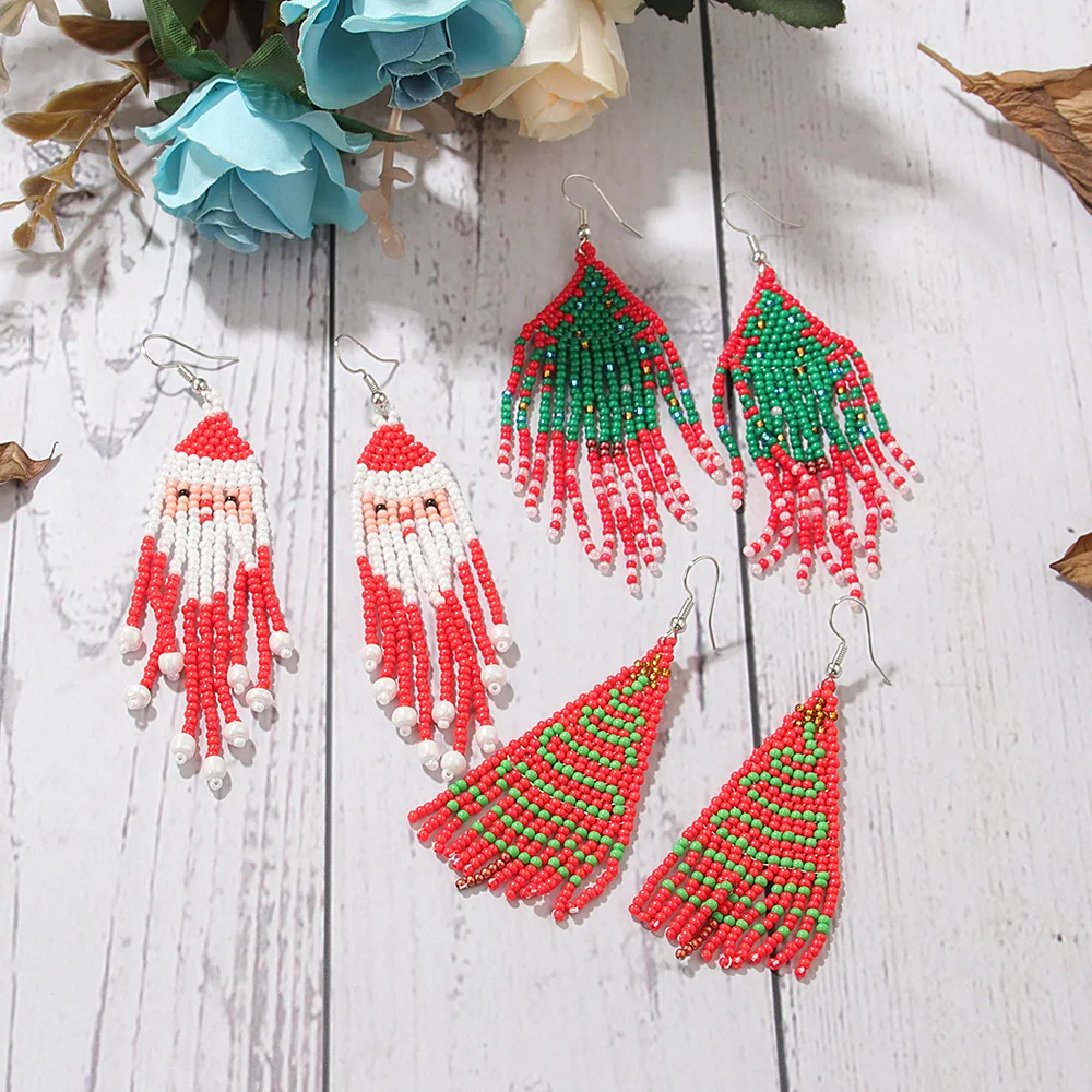 New Arrival Personality Original Christmas Tassel Earrings Hand-woven Christmas Tree Santa Claus Rice Bead Earrings