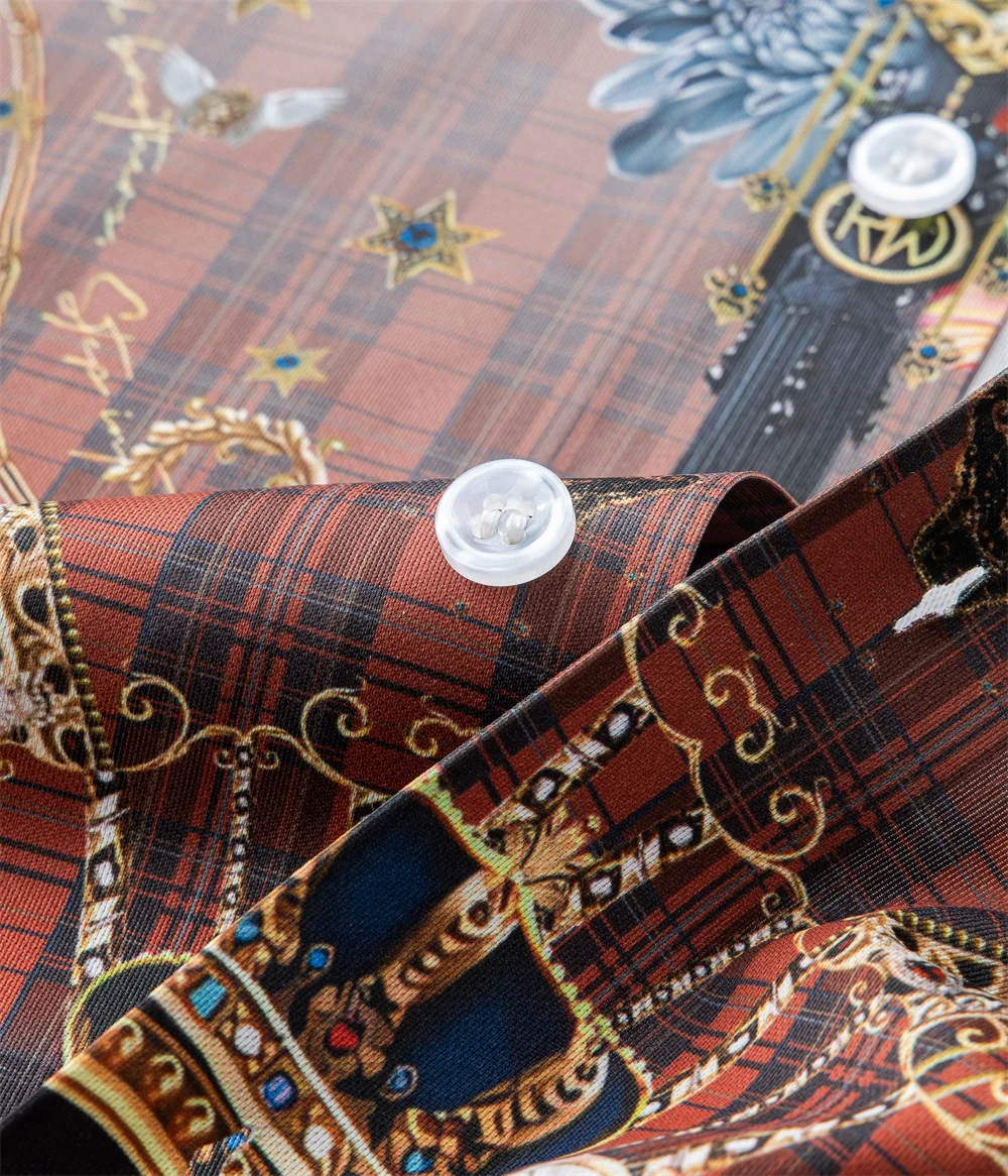 Moda masculina de luxo retro impressão camisa coroa diamante casual camisa social manga longa fino ajuste vestido festa negócios camisa S-5XL