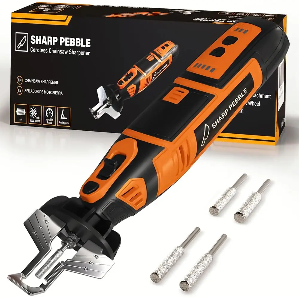 

Electric Chain Saw Kit with Tool, 4 File Sizes, Angle Attachment, Wrench & eBook