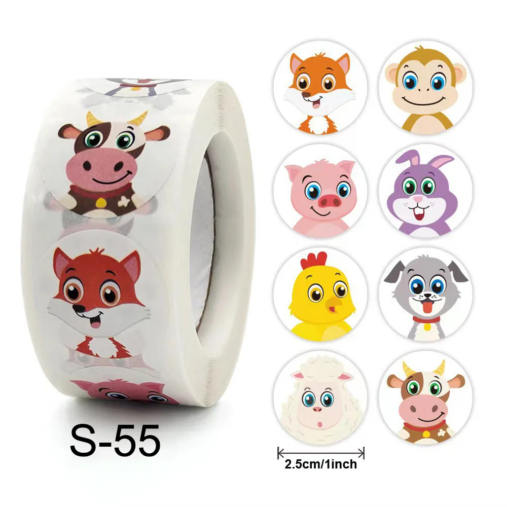 500PCS/Roll 2.5*2.5CM Kids Cartoon Animal Stickers Cute Reward Stickers Labels Kindergarten Teacher Encouragement