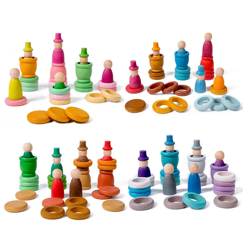 Montessori Rainbow Building Blocks Children Toys Beech Wooden Four Seasons Theme Cups Stacked Construct Puzzle Game Sensory Toys