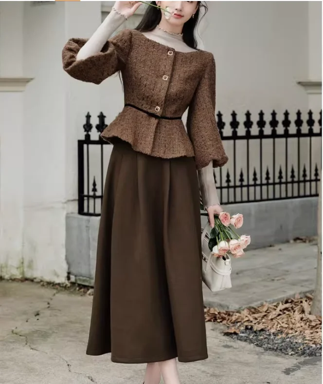 Mantel Wol Pendek Musim Gugur Musim Dingin, Sweater Kerah Setengah Tinggi Lengan Panjang, Rok A-line Retro Berpinggang Tinggi