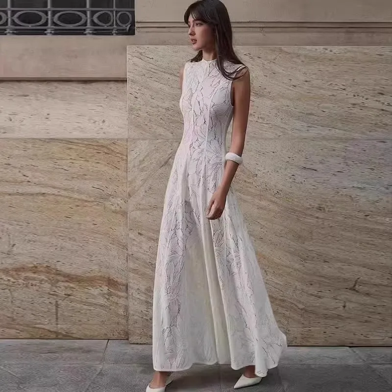 Women Long Lace Dress 2025 Cute Hollow Out Sleeveless Slim Tank White A Line Dress