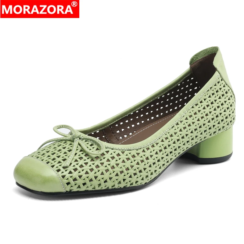 

MORAZORA/2025 Новые туфли из натуральной кожи, женские летние туфли-лодочки на круглом среднем каблуке, женская обувь, женские офисные модельные туфли с бантом