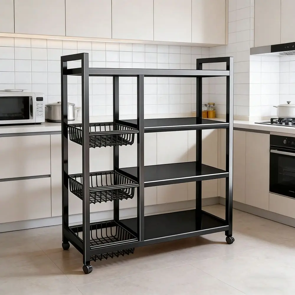 

Portable Storage Rack, Adjustable 4Layer Storage Shelf With 3 Wire Baskets, Kitchen Organizer And Storage, Wheeled Rack, Suitab