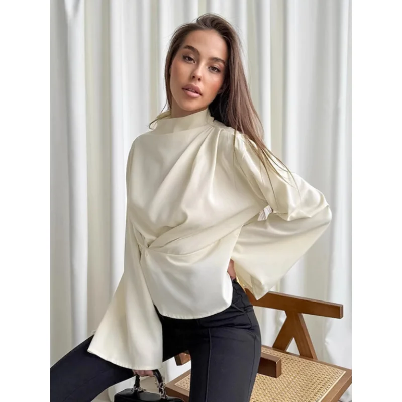 Chiffon Flared Sleeve Blouse for Women2025Spring Fashion Apricot Color Tie Waist Stand Collar Women's Shirt