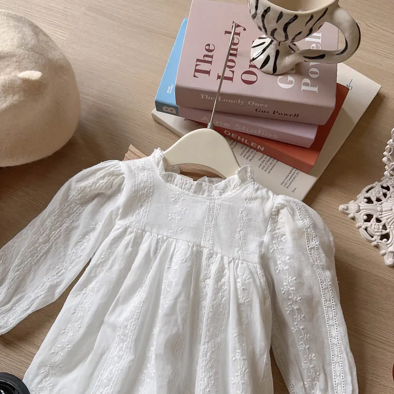 MILANCEL Spring Autumn Girls Clothing 2-7 Y Korean Style Embroidered Floral Princess Dress Children\'s Ruffled Collar Solid Dress