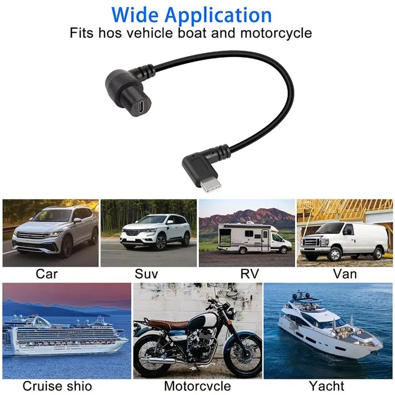 LXYB18B USB Type C 2.0 Male To Female 90 Degree Angle Flush Panel Mount Cable Waterproof Extension 11.8 Inch