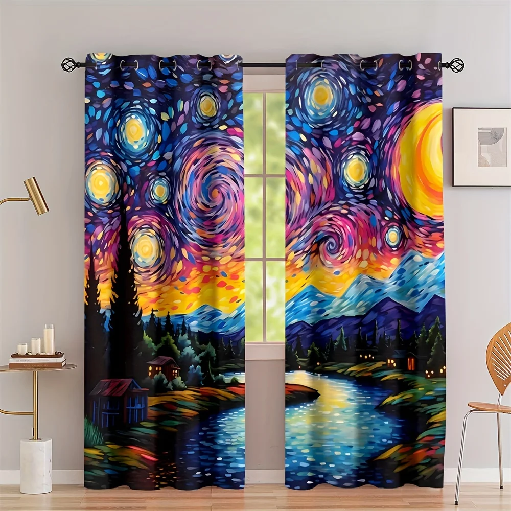 2pcs Van Gogh Starry Whirlpool Sky cortinas Idyllic Creek Digital Printed Curtain Living Room Curtains Grommet Top Curtains